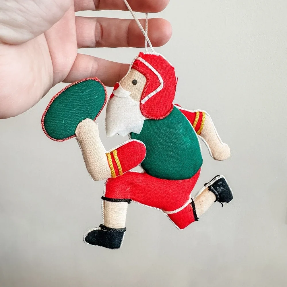 VTG Christmas Ornament Santa Football Player Flat Padded Cardboard 4 1/2